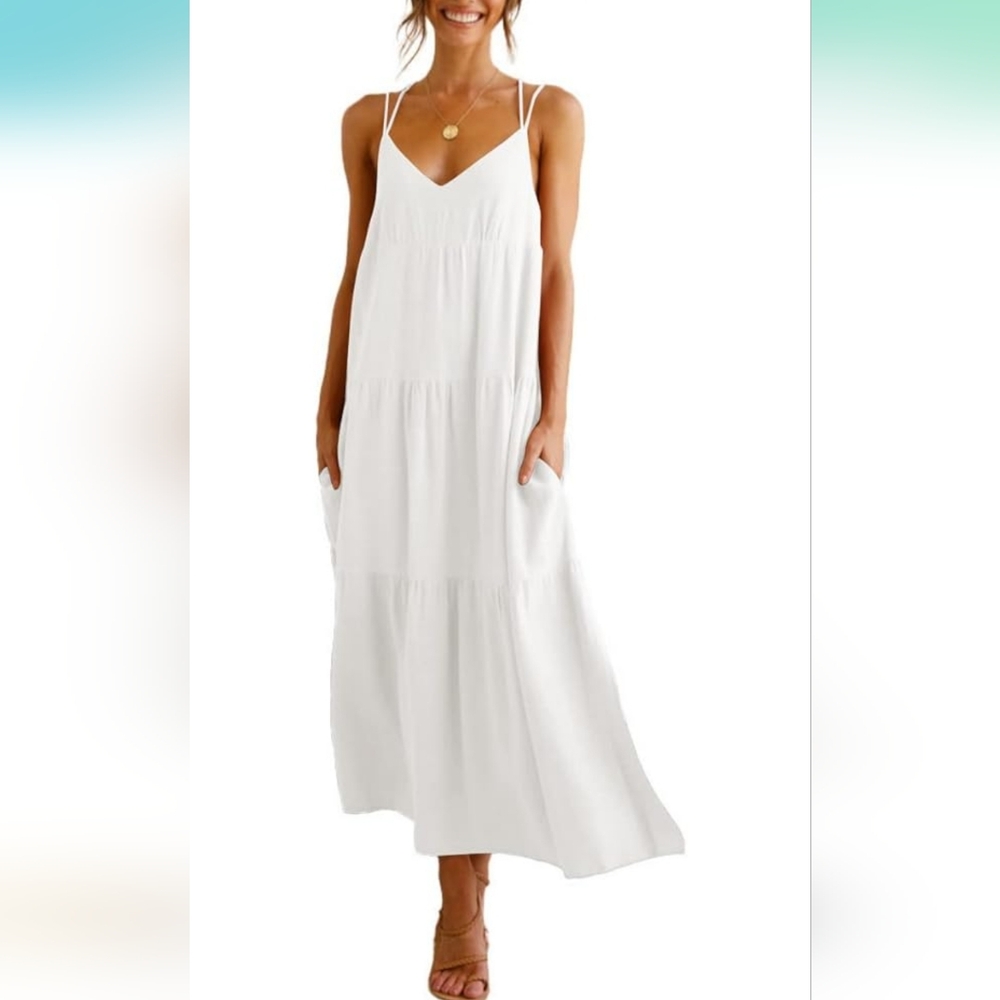 Febriajuce Spaghetti Strap Camisole V-Neck Backless Maxi Dress, XL, White